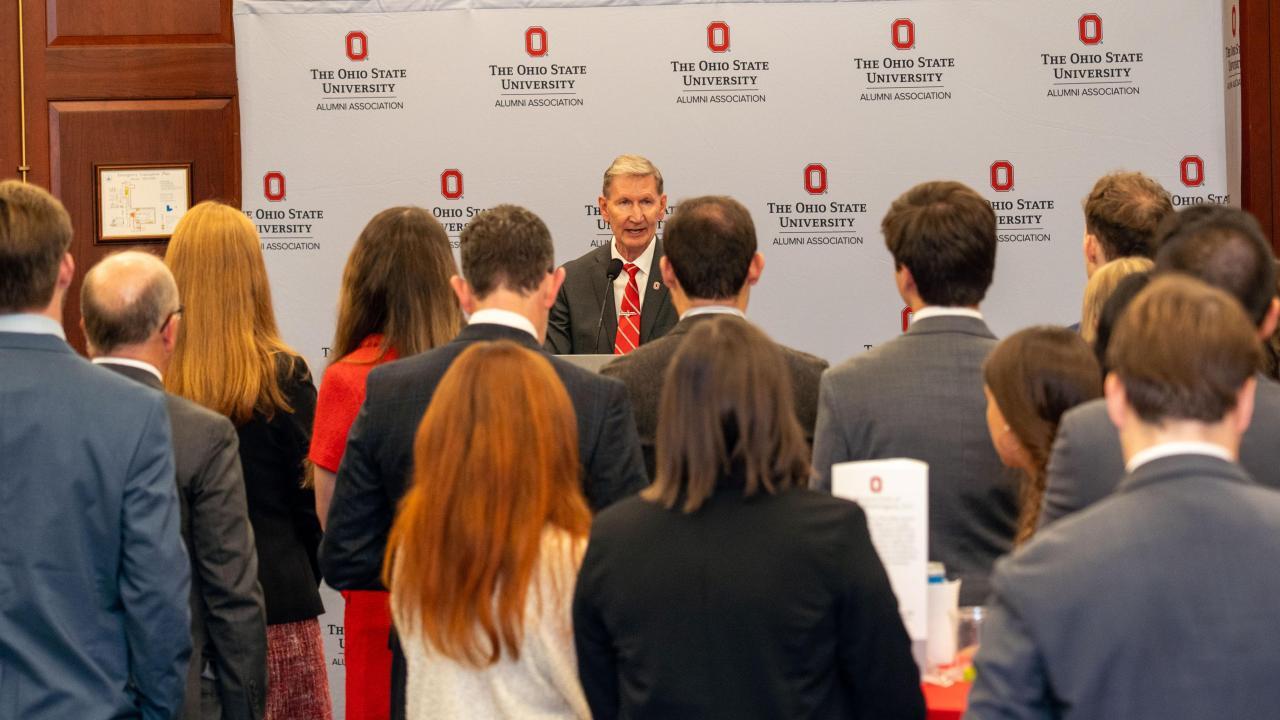 Ohio State President Ted Carter addressing a group of people during a press conference.
